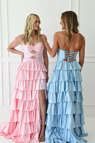 Gorgeous A Line Sweetheart Keyhole Pink Tiered Prom Dress with Hot Stone DM1111807