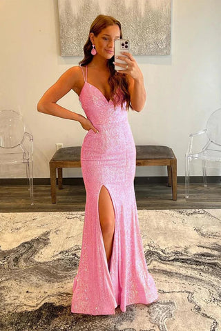 Pink Sequins V Neck Mermaid Long Prom Dress MD100704