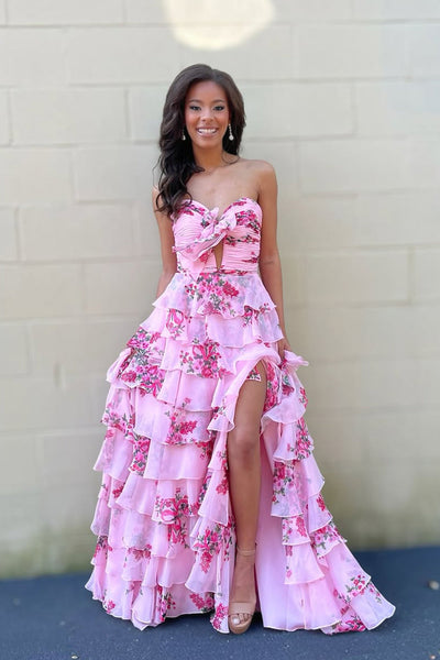 Charming A Line Pink Chiffon Floral Print Satin Prom Dress with Slit DM1111203