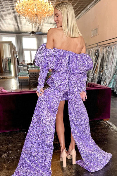 Bodycon Off the Shoulder Long Sleeves Lavender Sequins Homecoming Dresses with Train LD3061805