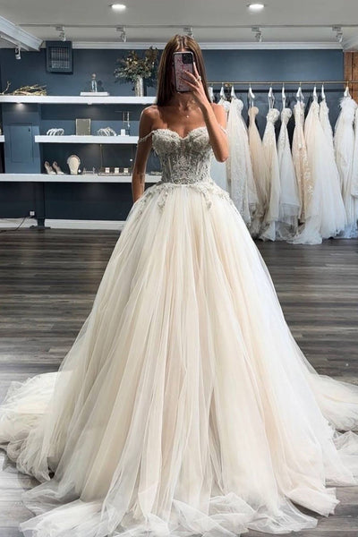 Fairy Ball Gown Off the Shoulder Tulle Wedding Dresses with Appliques DM4092710