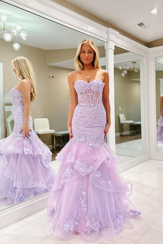 Charming Mermaid Sweetheart Tulle Long Prom Dresses with Appliques MD4012804