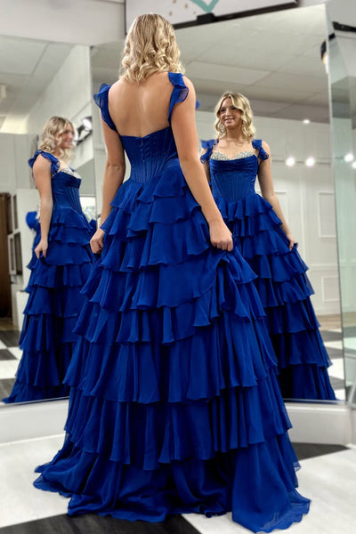 Cute A-Line Sweetheart Royal Blue Chiffon Long Tiered Prom Dresses DM16021003