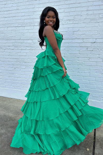 Gorgeous A Line Scoop Neck Green Chiffon Prom Dress with Beading DM52120307