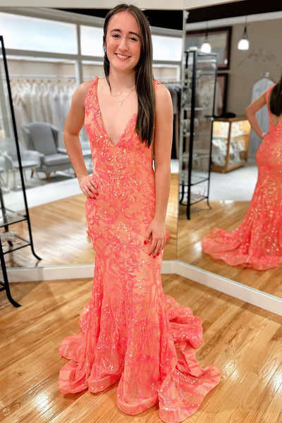 Orange Deep V Neck Sequin Lace Mermaid Long Prom Dress MD122802
