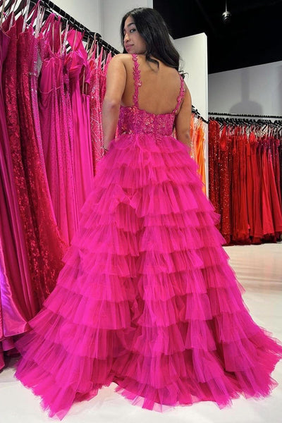 A-Line Fuchsia V Neck Ruffle Tiered Long Prom Dress with Slit MD4030601