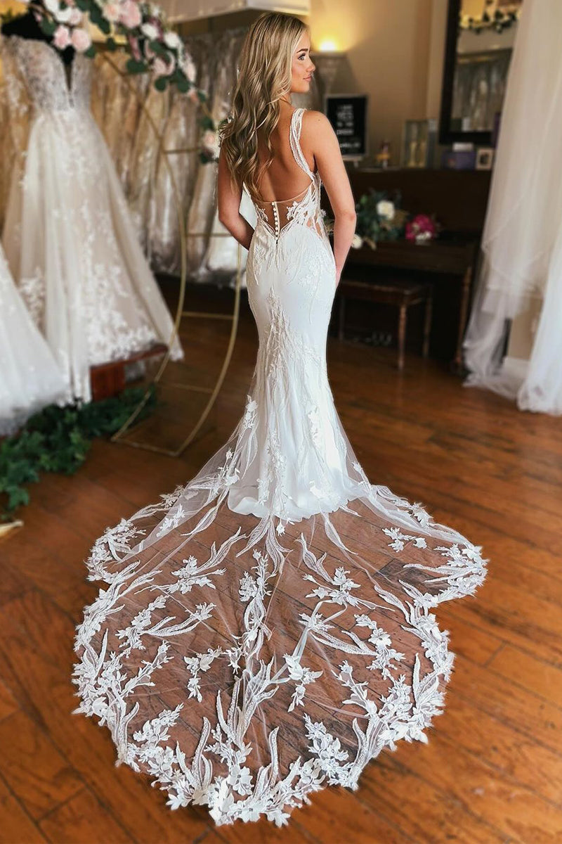 Mermaid V Neck Satin Wedding Dresses with Appliques MD4012603  Dressmeet