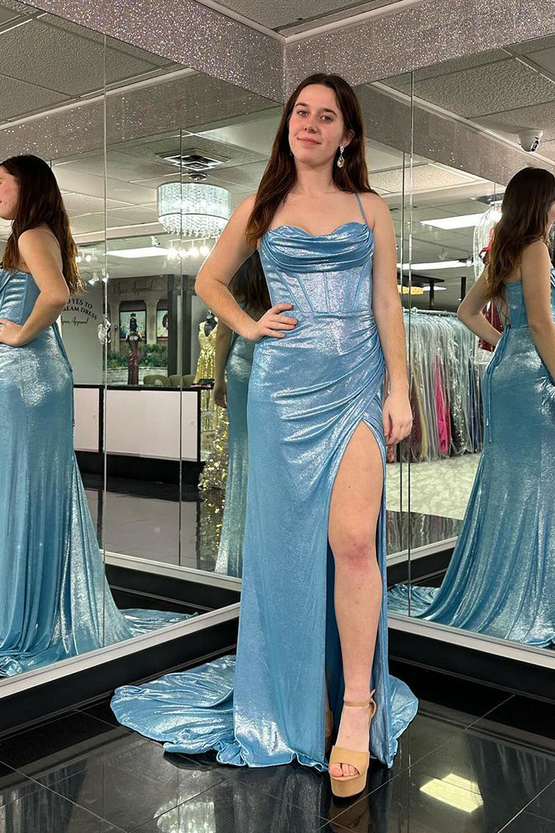 Light Blue Mermaid Cowl Neck Glitter Satin Long Prom Dress MD4012503