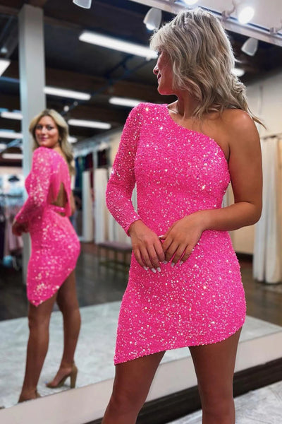 Sparkly Hot Pink One Shoulder One Sleeve Tight Homecoming Dress with Fringes MD0903016