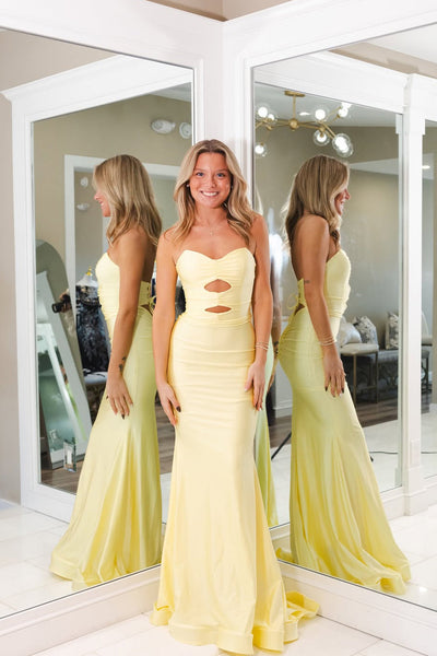 Cute Mermaid Sweetheart Keyhole Daffodil Stretch Satin Prom Dress with Slit DM1111804