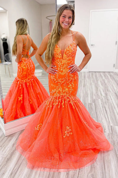 Trendy Mermaid Spaghetti Straps Orange Long Prom Dress with Appliques MD123107