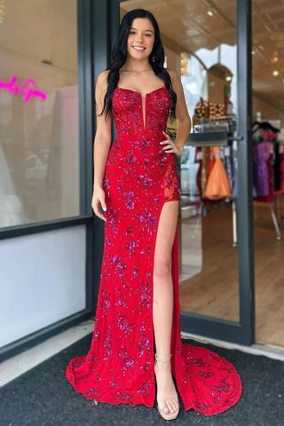 Stylish Mermaid Spaghetti Straps Red Corset Prom Dress with Split Front MD123106