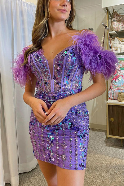 Cute Sparkly Bodycon Off the Shoulder Lavender Sequins Short Homecoming Dress with Feather MD090705