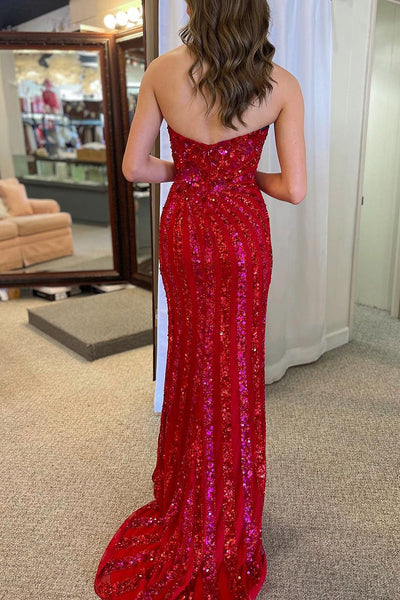 Red Strapless Sequins Mermaid Long Prom Dress with Slit MD4021702