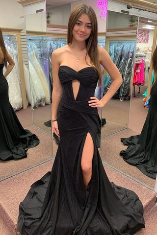 Charming Mermaid Sweetheart Black Satin Slit Long Prom Dresses DM24121709