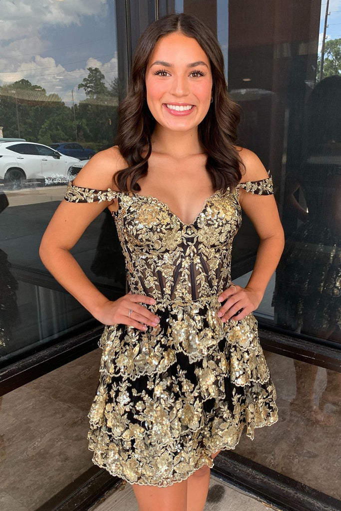 Black And Gold Sequin Dress Short Gold Sequin Lace Off the Shoulder Short Tiered Homecoming Dresses Black And Gold Sequin Dress Short Gold Sequin Lace Off the Shoulder Short Tiered Homecoming Dresses