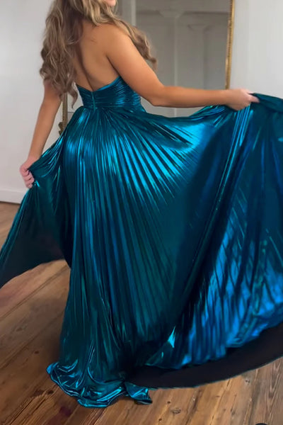 Glitter Turquoise Halter Cut Out Backless Metallic Long Prom Dress with Slit MD122702