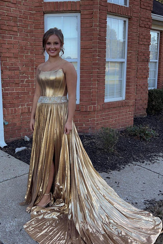 Charming A Line Strapless Gold Satin Long Prom Dresses with Beading DM24101504