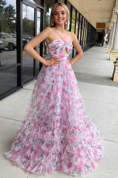 Pink Floral Print A-Line Halter Keyhole Long Prom Dresses MD121610