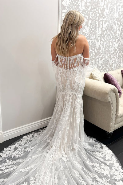 Mermaid Off the Shoulder Long Sleeves Tulle Lace Wedding Dresses with Train DM25102201
