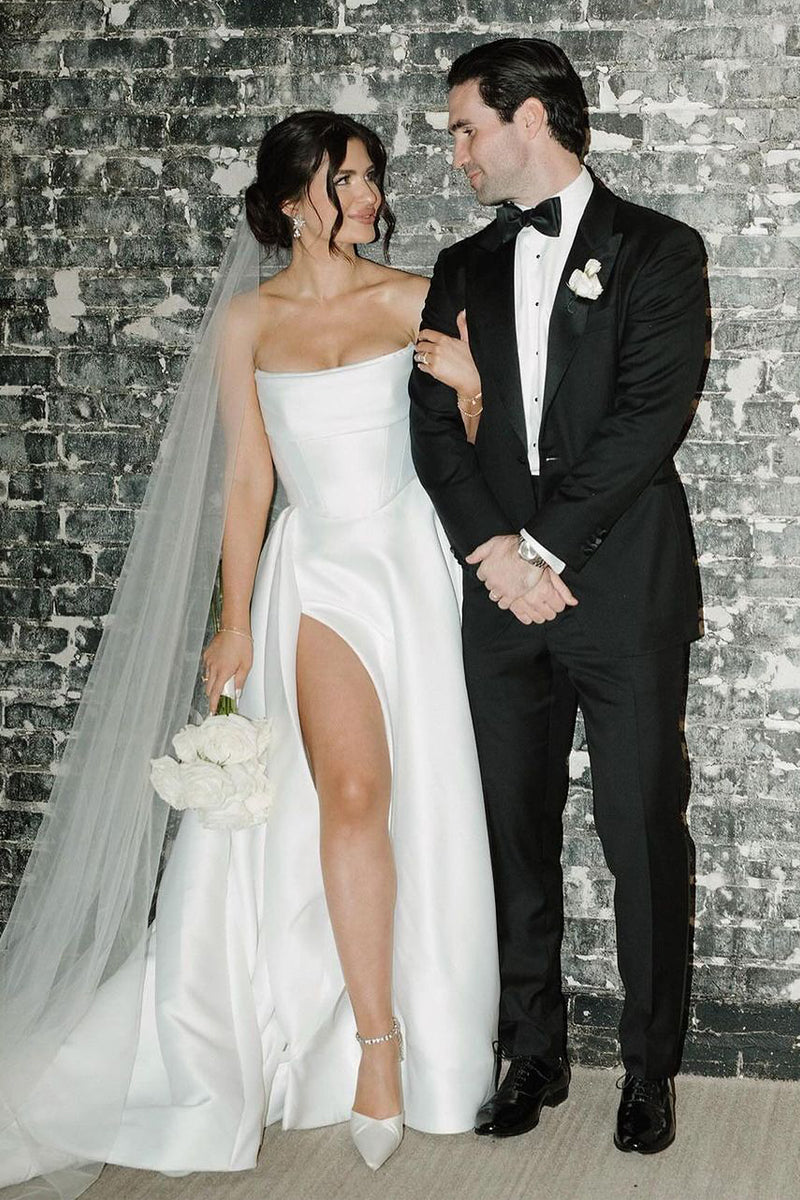 Charming Strapless White Satin A-Line Wedding Dresses with Slit MD4040701 – Dressmeet