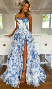 A Line Sweetheart Floral Chiffon Tiered Prom Dress with Slit DM020603