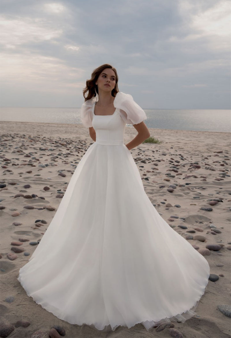 Princess A-Line Square Neck Puff Sleeve Sweep Train Wedding Dress DM0911110