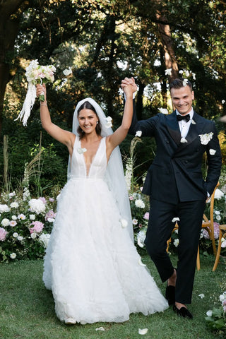 Charming A-Line Deep V Neck White Tulle Wedding Dresses with Train DM25102203