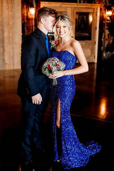 Strapless Royal Blue Sequins Mermaid Long Prom Dress with Slit MD4040104