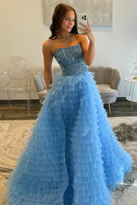Gorgeous Ball Gown Blue Tiered Prom Dresses with Beading DM25052704