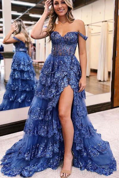Stunning A-Line Off the Shoulder Blue Lace Appliques Long Prom Dresses with Slit LD3070303