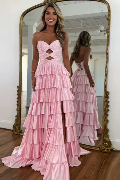 Gorgeous Sweetheart Daffodil Tiered Hot Fix Satin Prom Dress with Slit DM52102708