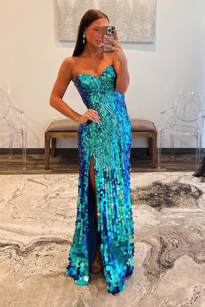 Mermaid Strapless Blue Sequins Long Prom Dress MD4050904