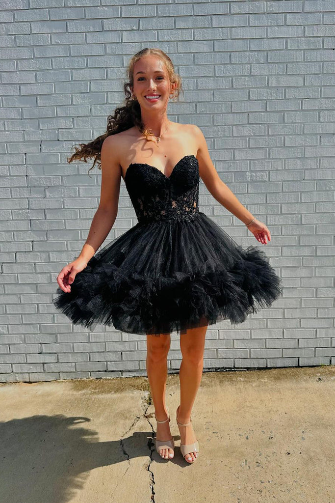 A Line Black Tulle Glitter Sweetheart Short Homecoming Dresses DM24091604 Dressmeet A Line Black Tulle Glitter Sweetheart Short Homecoming Dresses DM24091604 Dressmeet