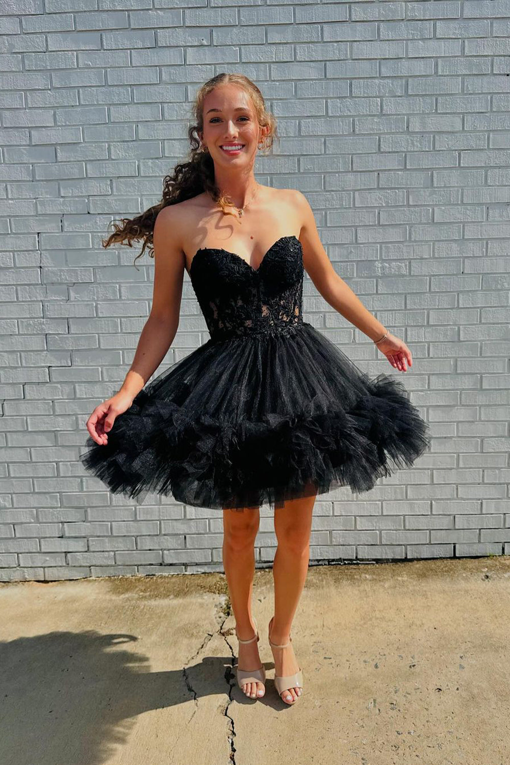 A Line Black Tulle Glitter Sweetheart Short Homecoming Dresses DM24091604 – Dressmeet