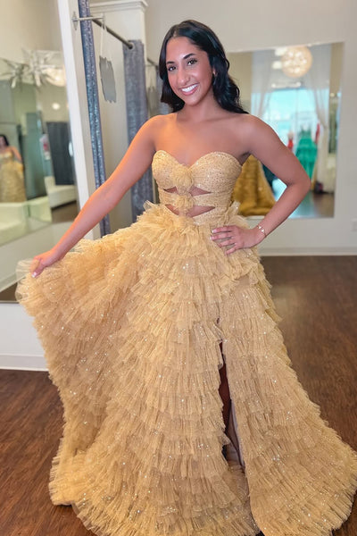 Ball Gown Strapless Keyholes Gold Sparkle Tulle Ruffle Tiered Long Prom Dresses DM25041003