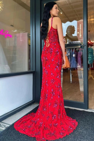 Stylish Mermaid Spaghetti Straps Red Corset Prom Dress with Split Front MD123106