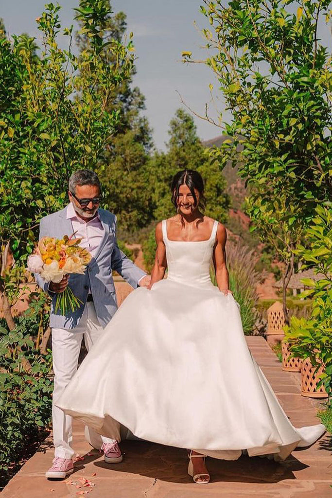 Elegant Square Neck White Satin Wedding Dresses with Bow MD4032401 Dressmeet Elegant Square Neck White Satin Wedding Dresses with Bow MD4032401 Dressmeet