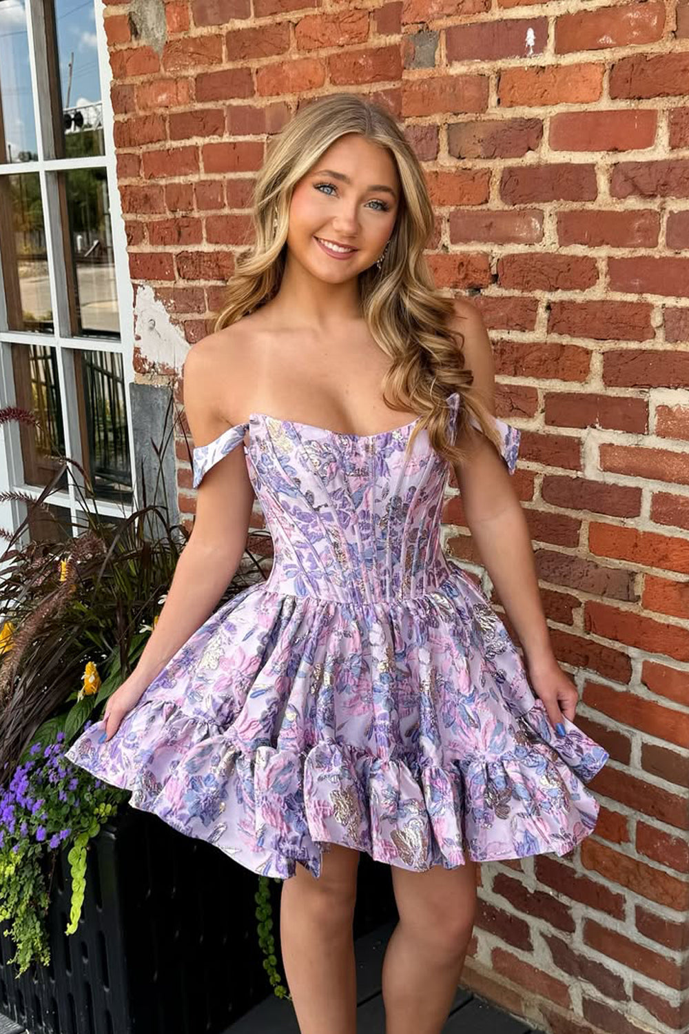 A Line Scoop Neck Lavender Jacquard Satin Homecoming Dress DM25081201