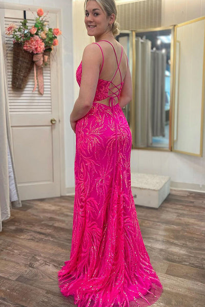 Fuchsia Scoop Neck Sequins Lace Mermaid Long Prom Dress MD4021705