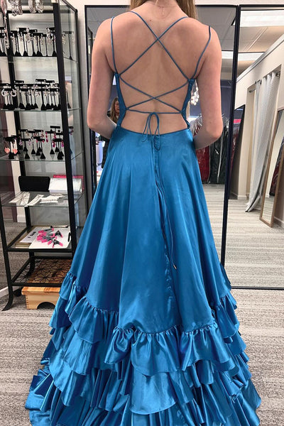 A-Line Scoop Neck Peacock Blue Ruffle Long Prom Dress MD4031701