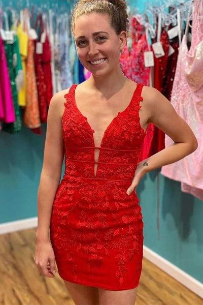 Red Appliques Plunge V Lace-Up Fitted Short Homecoming Dress MD090410