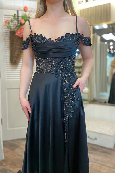 Black Cold Shoulder Satin Long Prom Dresses with Pockets MD4011903