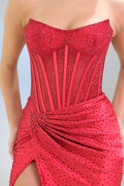 Gorgeous Mermaid Scoop Neck Red Satin Prom Dress with Hot Stone DM1111405