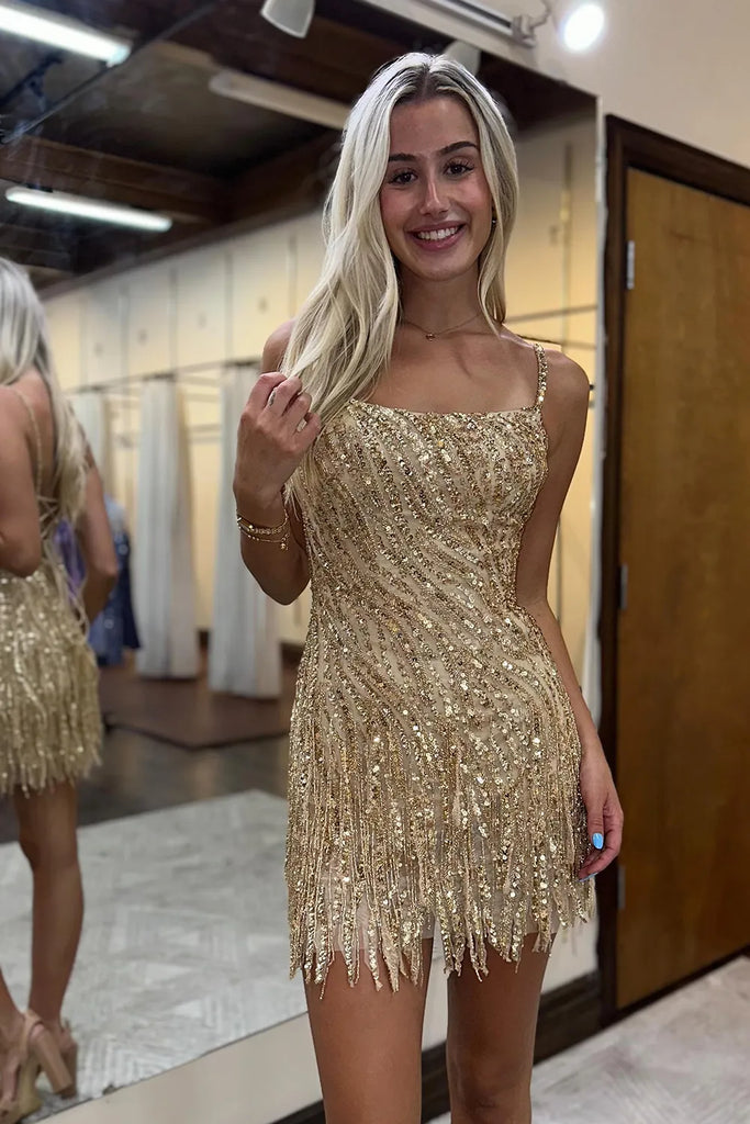 Gold Spaghetti Straps Sequins Short Homecoming Dresses DM24080509 Dressmeet Gold Spaghetti Straps Sequins Short Homecoming Dresses DM24080509 Dressmeet