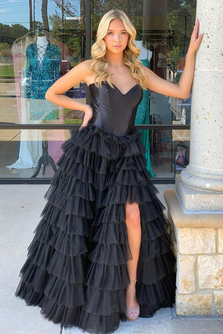 Black Sweetheart Ruffle Tiered Long Prom Dress MD122304