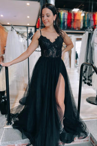 Tulle Spaghetti Straps Lace-Up Back Black Long Prom Dress with Slit DM3082825