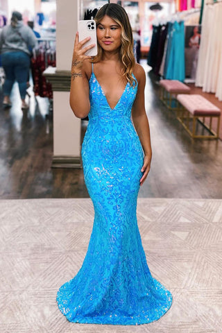 Blue Sequin Lace V Neck Long Prom Dresses MD112210