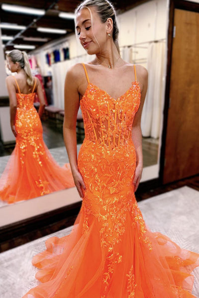 Cute Mermaid V Neck Orange Sequins Long Prom Dresses