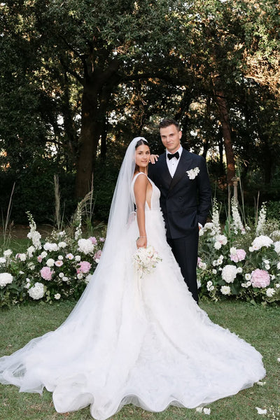 Charming A-Line Deep V Neck White Tulle Wedding Dresses with Train DM25102203